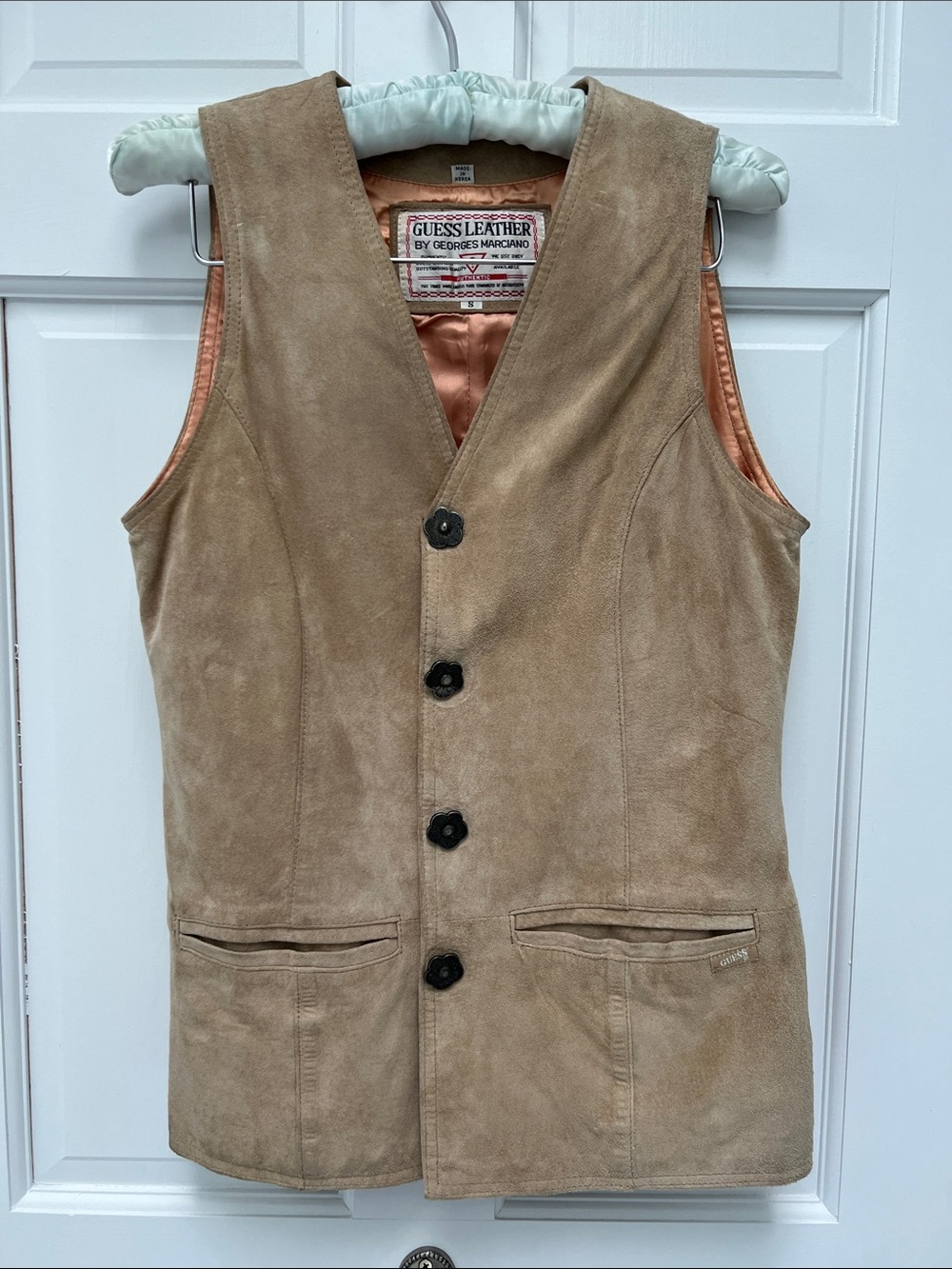 Vintage GUESS 1990s Women’s Tan Suede Vest and Short with decorative buttons